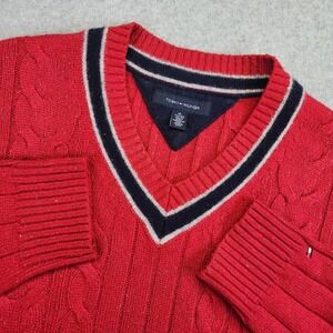 Tommy Hilfiger V Neck Tennis Sweater Knit Men XL Wool Blend Nautical Red Speckle